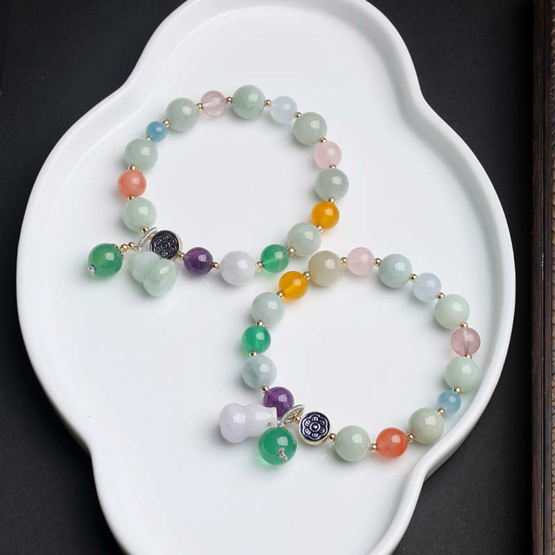 Multi-Gemstone Wu Lou Gourd 10mm Beaded Bracelet with Jade, Rose Quartz, Citrine & Amethyst