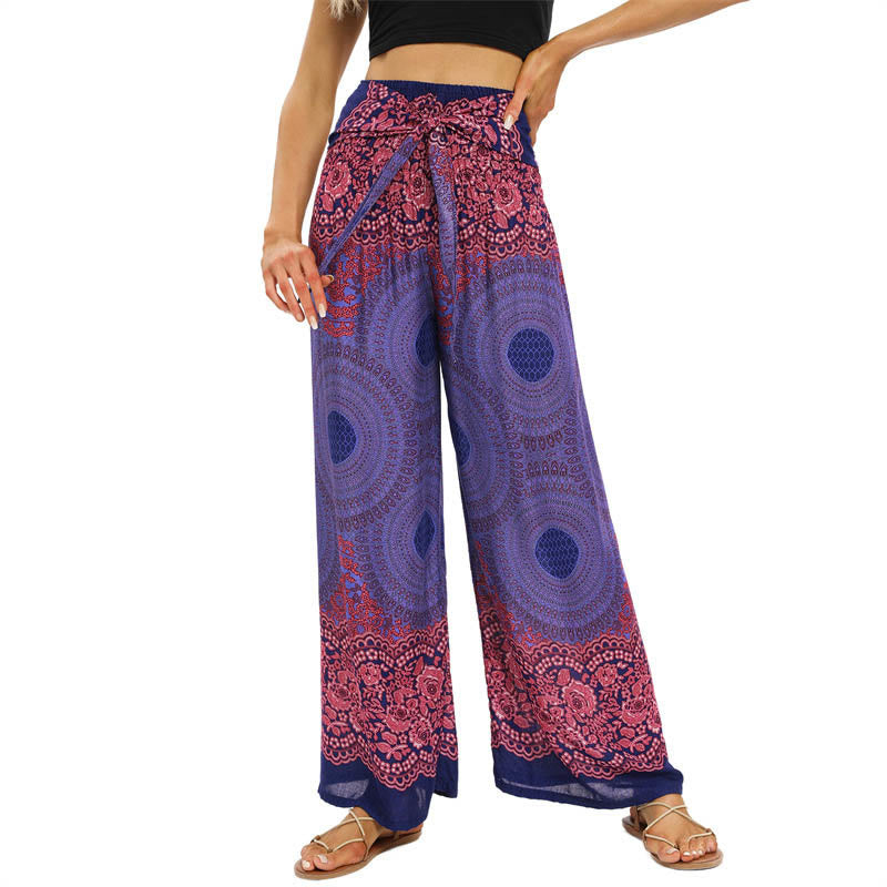 Bohemian Compass Flower Print Lace-up Wide Leg Pants Women's Yoga Pants