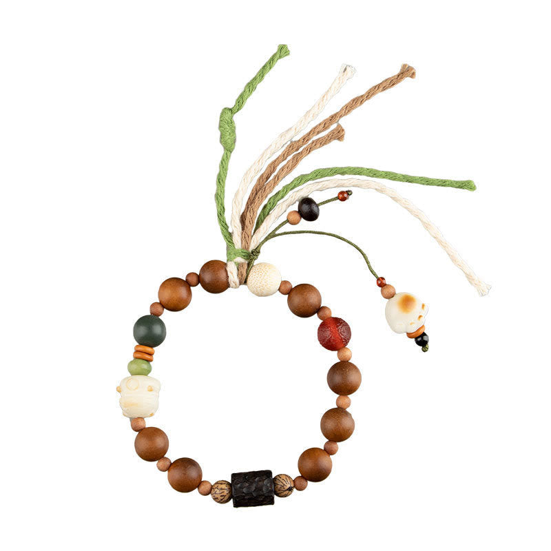 Lightning Struck Wood & Bodhi Seed Cat Paw Tassel Bracelet with Red Agate and Onyx
