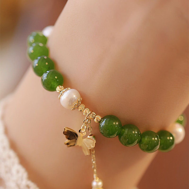 Natural Green Chalcedony and Pearl Butterfly Resilience Bracelet