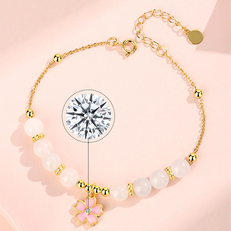 925 Sterling Silver Hetian White Jade Cherry Blossom Zircon Chain Bracelet