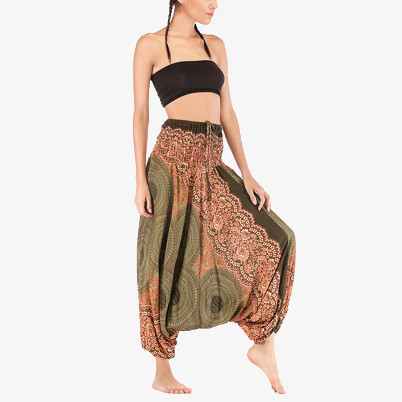 Two Style Wear Round Geometric Pattern Loose Smocked Harem Trousers Jumpsuit High Waist Women's Yoga Pants