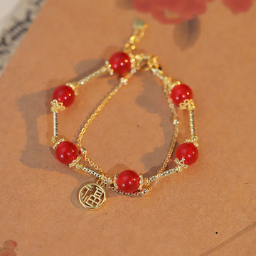 Red Agate and Copper Fu Character Charm Bracelet for Self-Acceptance
