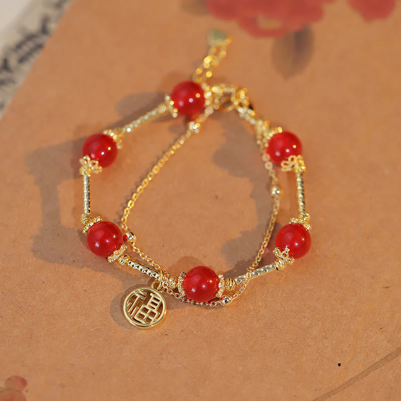Red Agate and Copper Fu Character Charm Bracelet for Self-Acceptance
