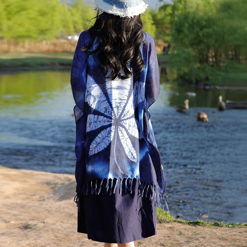Artisanal Blue Batik Maple Leaf Mindful Travel Shawl Pullover