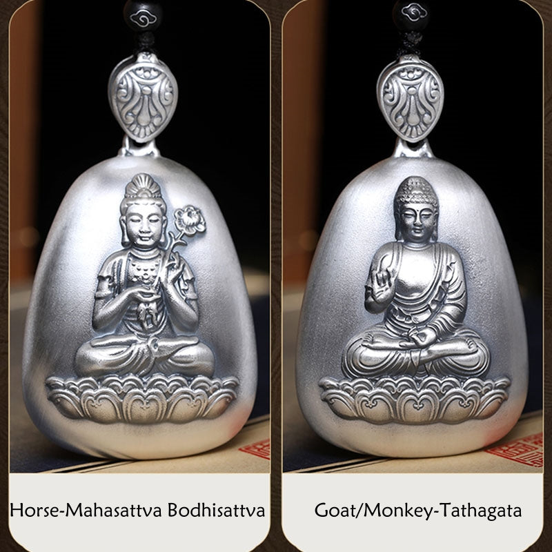 999 Sterling Silver Chinese Zodiac Natal Buddha Heart Sutra Engraved Protection Necklace Pendant