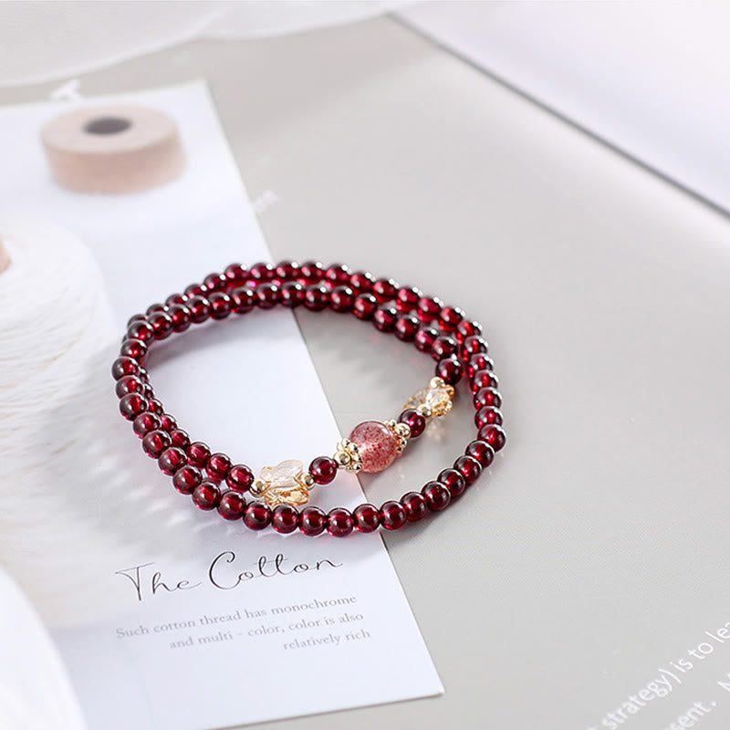 14K Gold Plated Natural Garnet Strawberry Quartz Butterfly Protection Double Wrap Bracelet