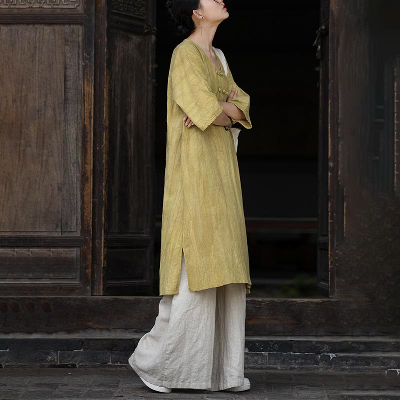 Ramie Linen Tie-Dye Frog-Button Meditation Midi Dress & Wide-Leg Pants Set