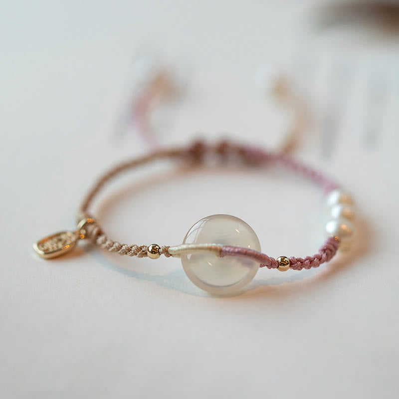 Minimalist Chalcedony Round Ping An Kou Peace Buckle Braided String Bracelet