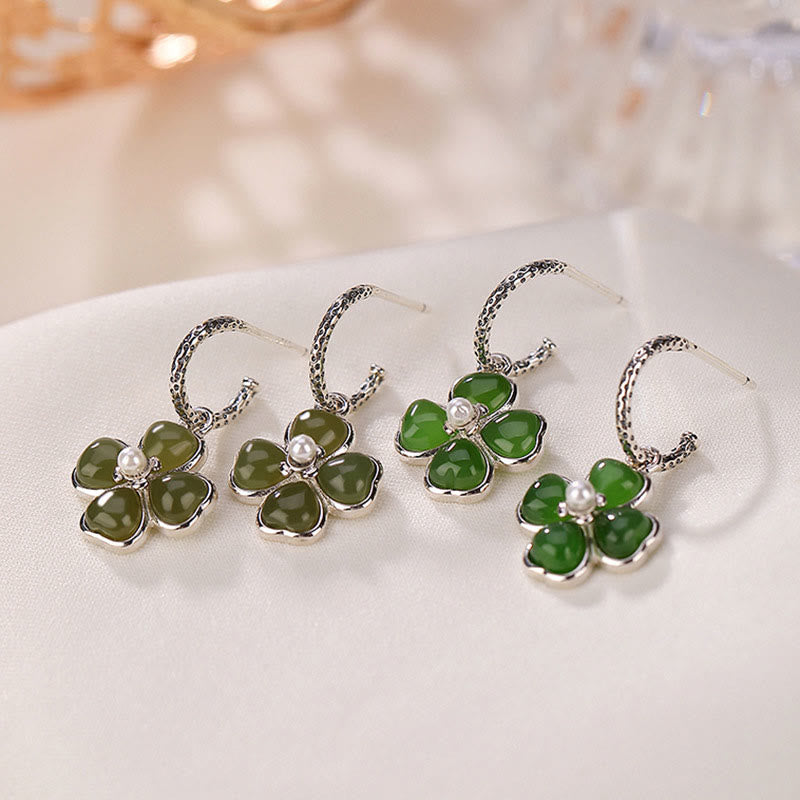 Natural Jade and 925 Sterling Silver Four-Leaf Clover Stud Earrings