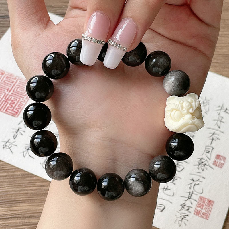 Silver Sheen Obsidian Bodhi Seed Ivory Fruit Dancing Lion Protection Bracelet
