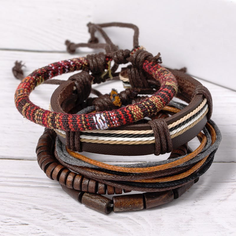 Wrap Hemp Cords Wood Beads Leather Bracelet