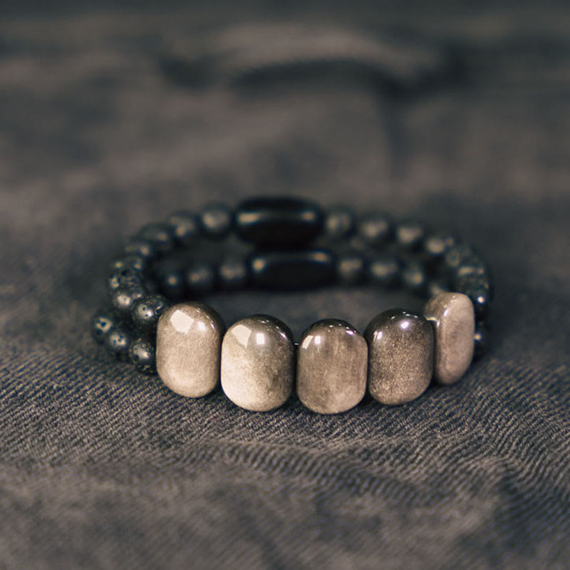 Natural Silver Sheen Obsidian and Volcanic Lava Stone Beaded Bracelet
