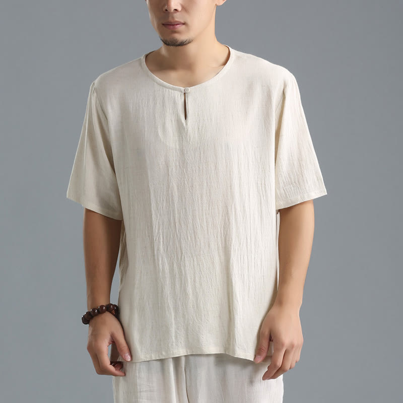 Breathable Cotton-Linen Crew Neck Short Sleeve Meditation Shirt
