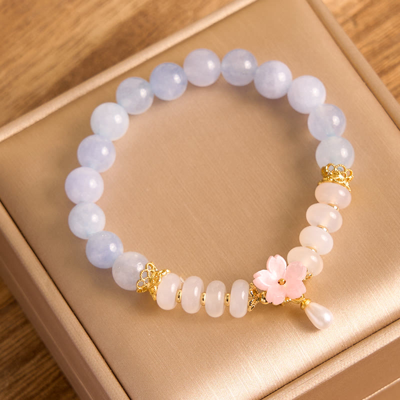 Aquamarine & White Agate Pearl Abacus Bead Bracelet with Floral Charm