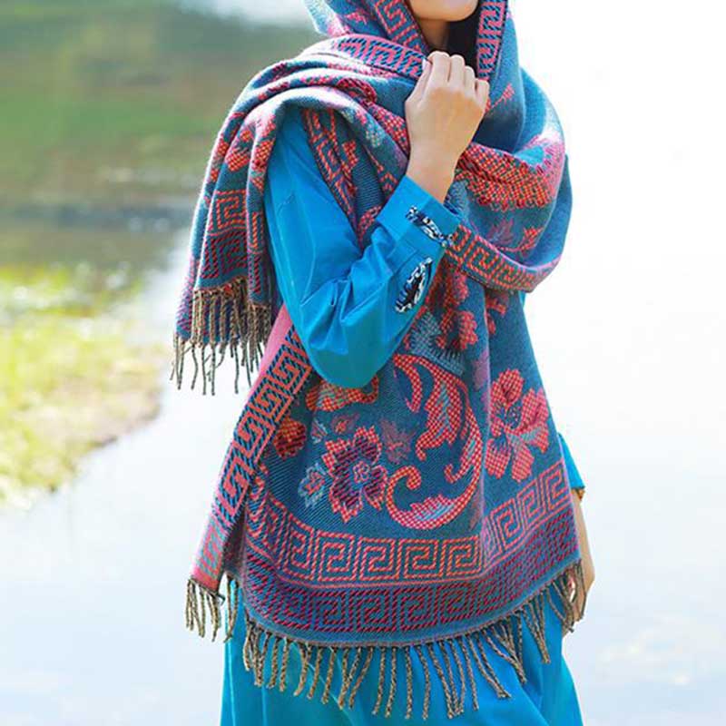 Tibetan Flowers Leaves Pattern Design Shawl Cozy Travel Scarf Wrap