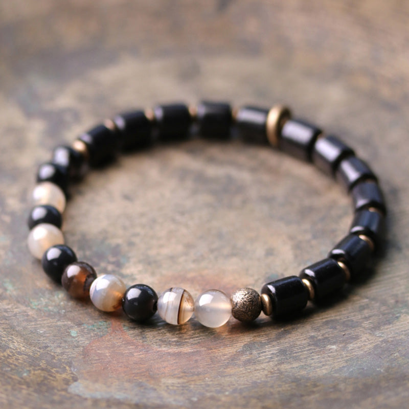 Handmade Ebony Wood & Copper Peace Couple Bracelet with Natural Gemstones