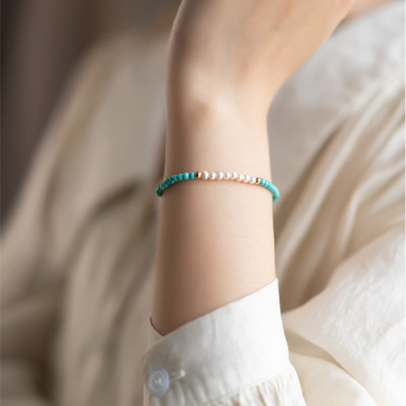 Handcrafted 925 Sterling Silver Natural Turquoise and Pearl Beaded Gold-Tone Bracelet