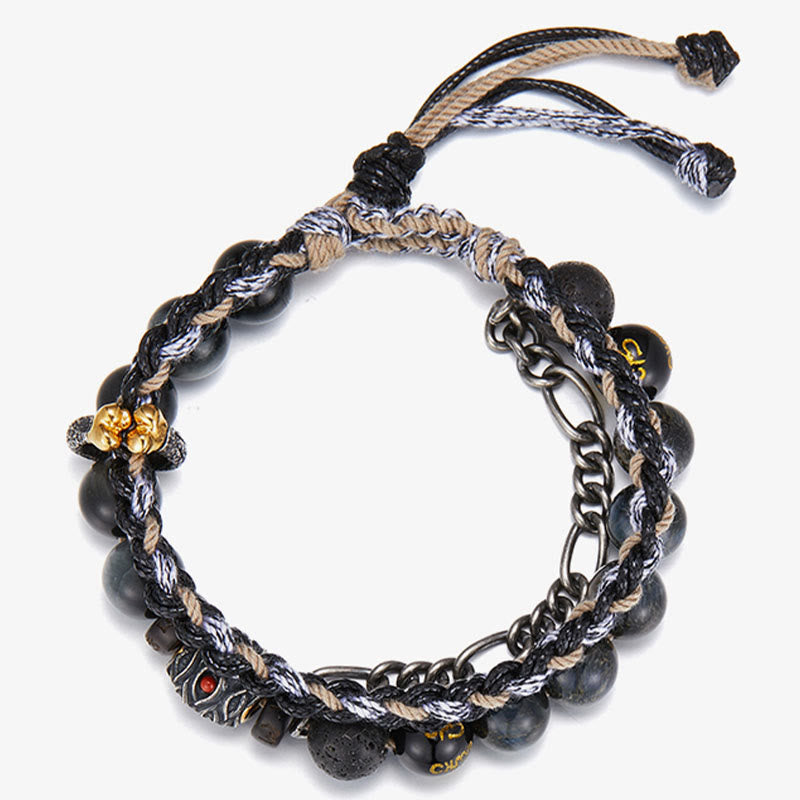 Handmade 925 Sterling Silver Gold Plated Lava Stone, Eagle's Eye & Black Agate Om Mani Beaded Bracelet