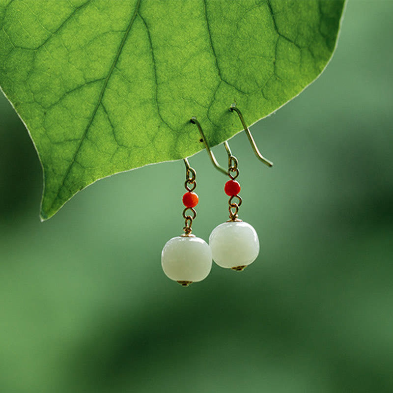 925 Sterling Silver Plated 14k Gold Hetian Jade Red Agate Luck Drop Dangle Earrings