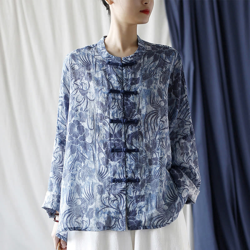 Ramie Linen Floral Stand Collar Meditation Jacket Shirt