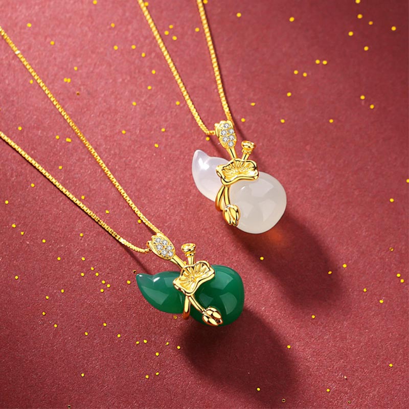 Cyan Jade Gourd Lotus Leaf Abundance Pendant Necklace