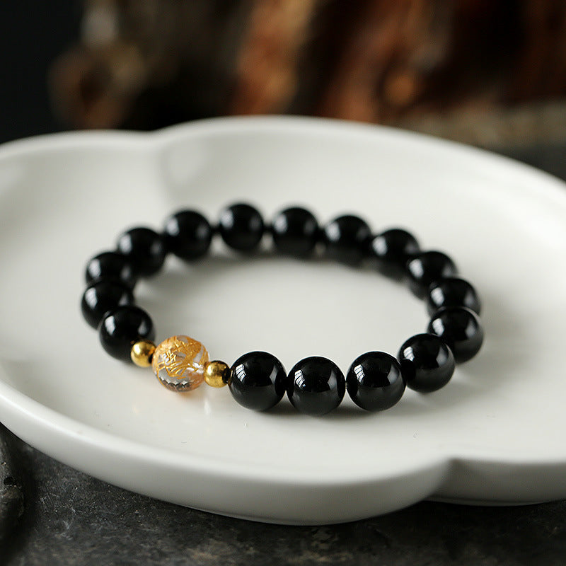Natural Black Obsidian White Crystal Black Onyx Dragon Strength Bracelet