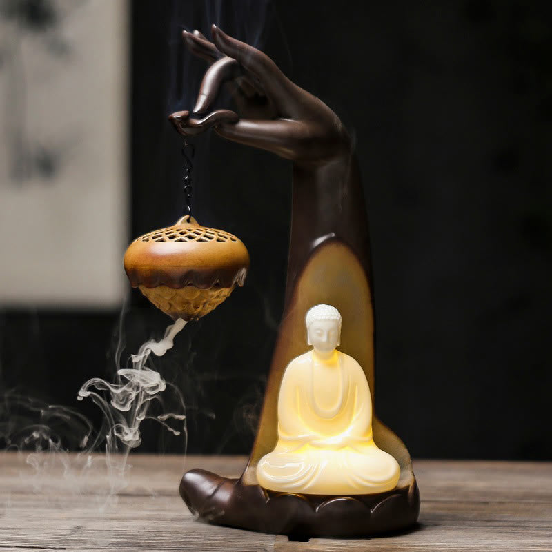 Mudra Hand LED Ceramic Backflow Smoke Fountain Incense Burner