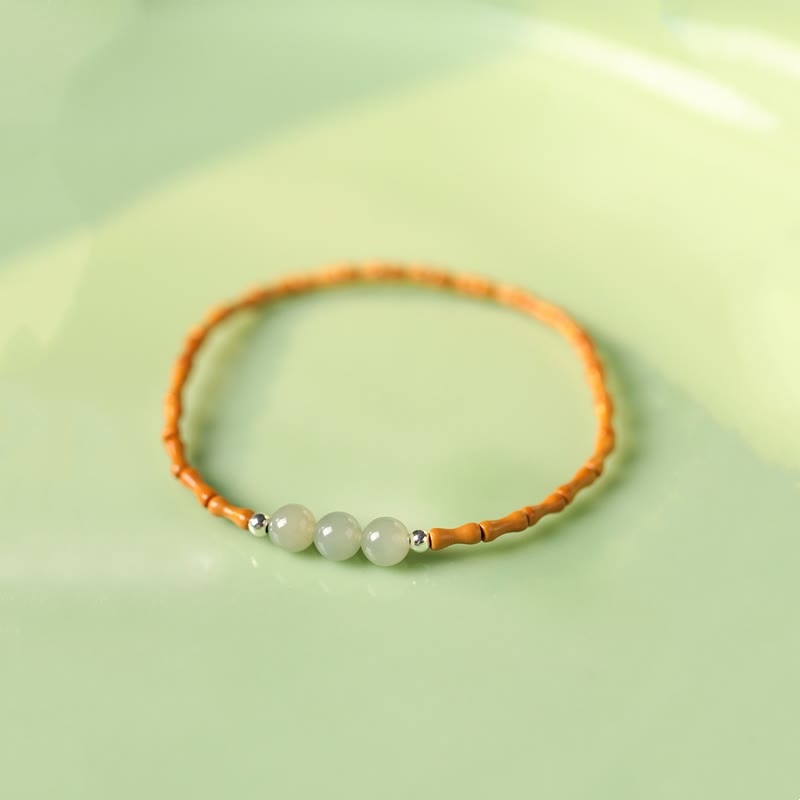 Natural Olive Pit & Hetian Jade Beaded Bracelet with Bamboo Pattern and White Copper Elements