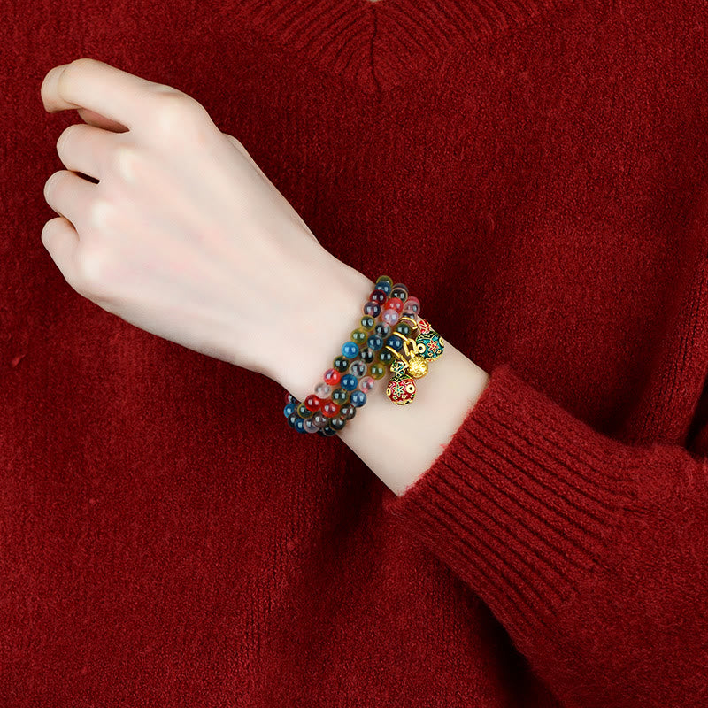 Colorful Candy Agate Gold Swallowing Beast Family Strength Charm Triple Wrap Bracelet