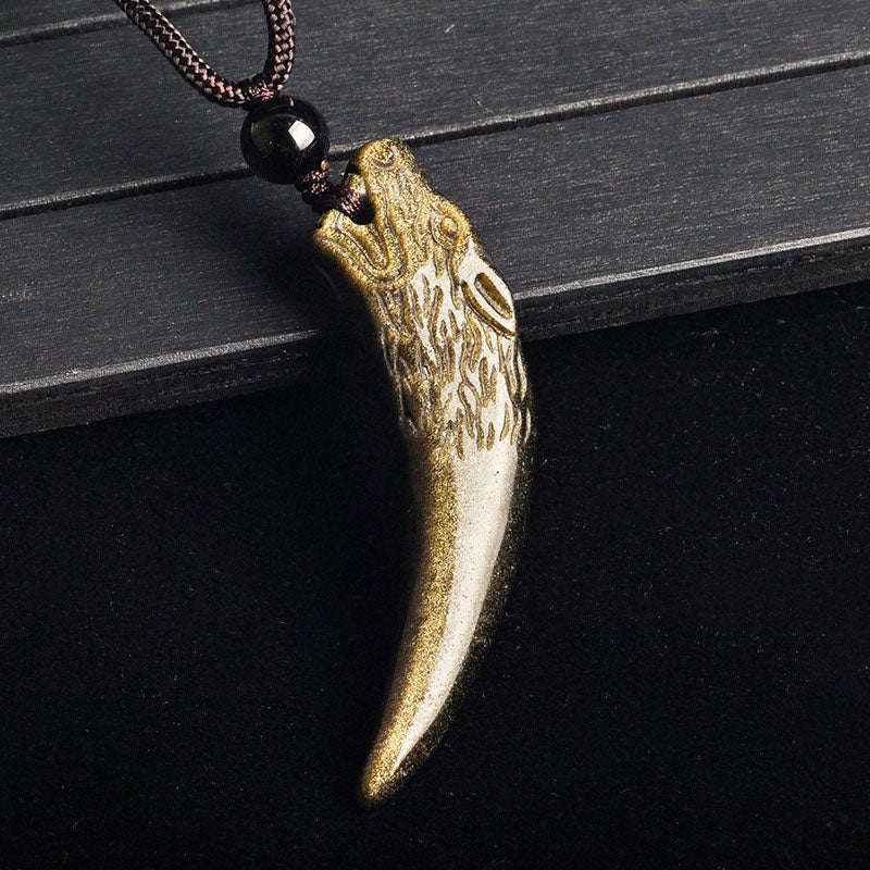 Natural Black Obsidian Ice Obsidian Rainbow Obsidian Wolf Tooth Pattern Strength Necklace Pendant