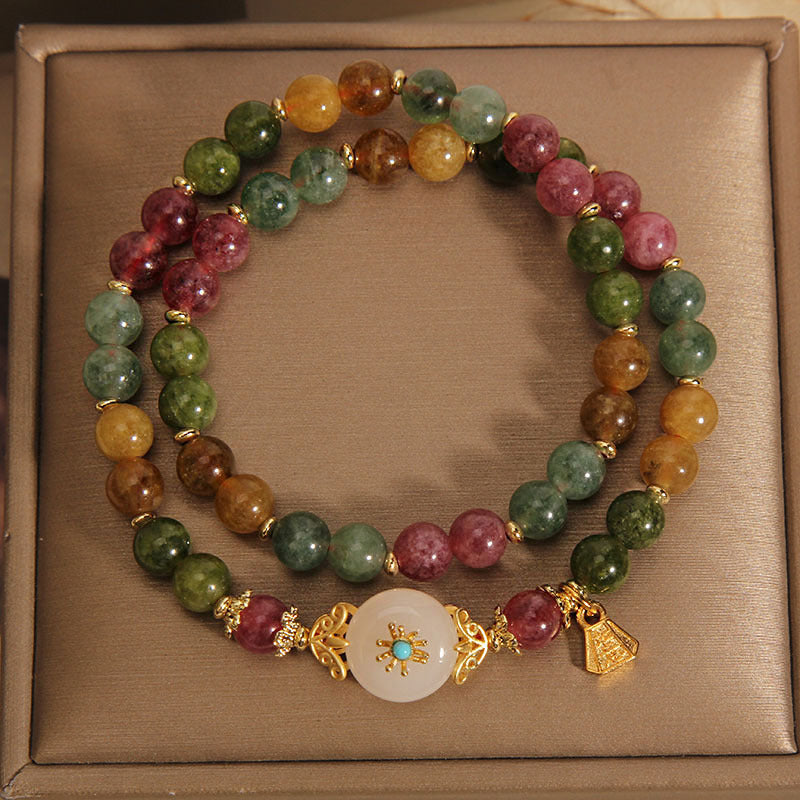 Natural Multicolored Tourmaline Positive Jade Flower Double Wrap Bracelet