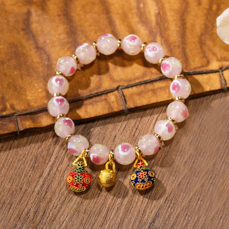 Gold Swallowing Beast Family Charm Luminous Pink Love Heart Fluorescent Liuli Glass Bead Blessings Bracelet