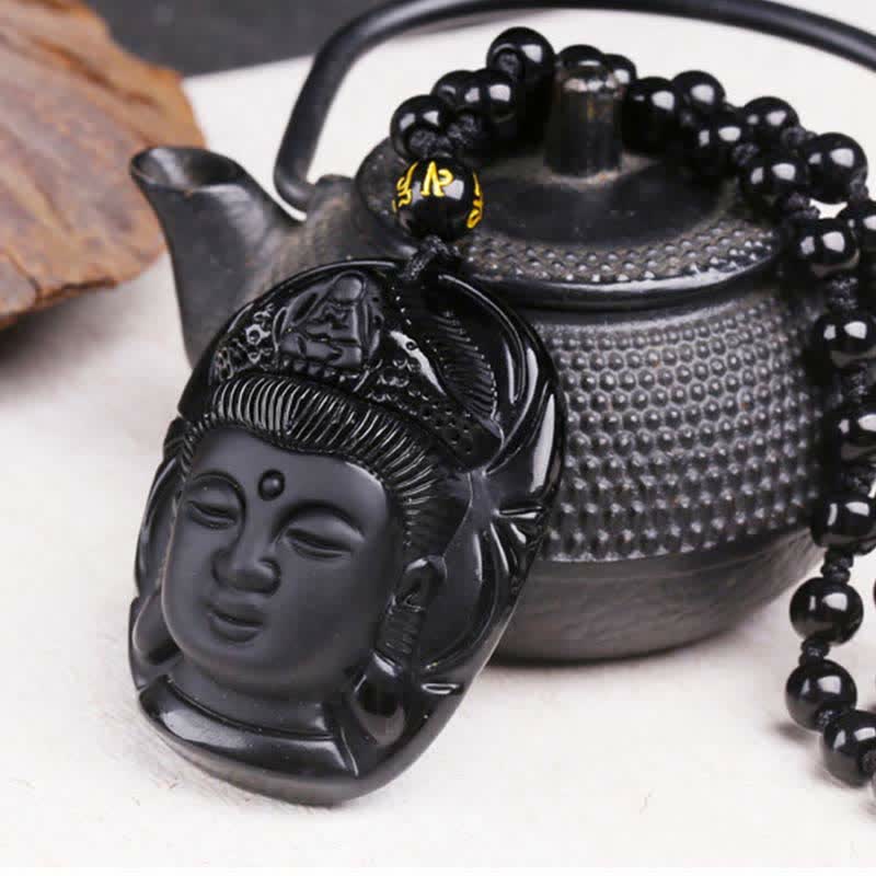Natural Black Obsidian Kwan Yin Avalokitesvara Strength String Necklace Pendant