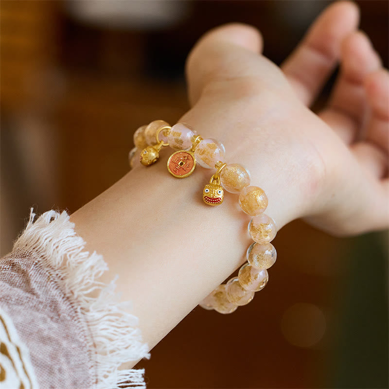 Gold Pixiu and Chinese Coin Liuli Glass Bead Energy Bracelet