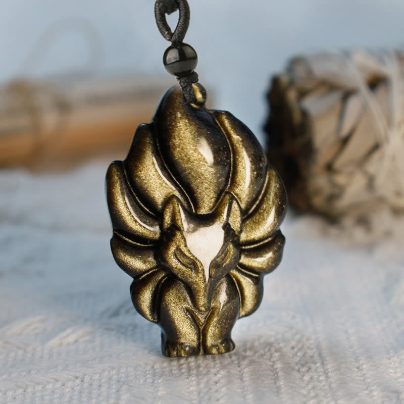 Natural Fluorite Gold Sheen Obsidian Fox Pendant Protection Necklace