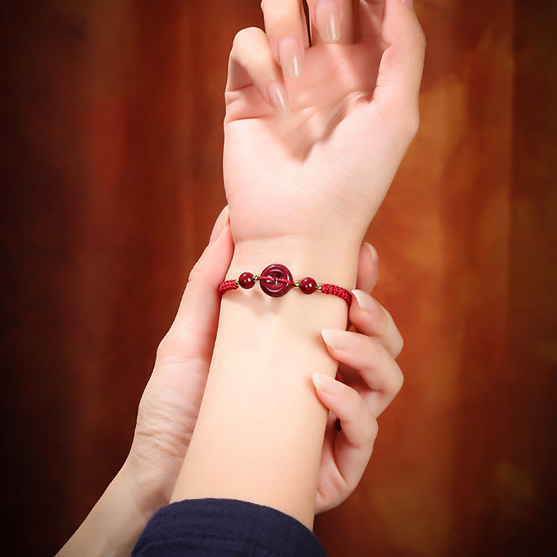 Natural Cinnabar Ping An Kou Adjustable Red String Bracelet