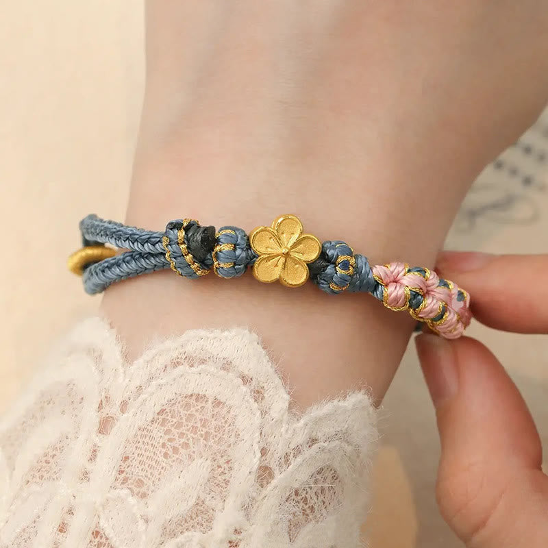 Handcrafted Red String Bracelet with Gold-Toned Copper Peach Blossom Charm