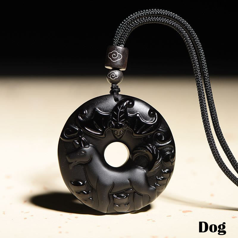 Chinese Zodiac Natural Black Obsidian Peace Buckle Strength Necklace Pendant