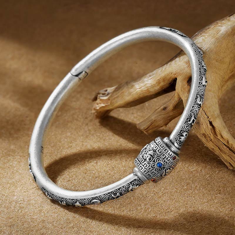 990 Fine Silver Tibetan Om Mani Padme Hum Engraved Auspicious Clouds Bangle