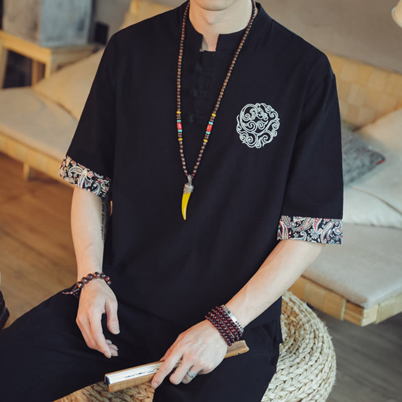 Frog-Button Dragon Embroidery Chinese Tang Suit Short Sleeve Shirt Linen Men Clothing