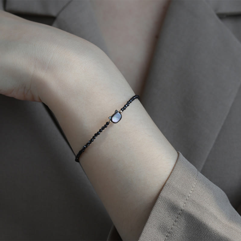 14K Gold Plated Black Spinel White Crystal Cute Cat Tridacna Stone Healing Bracelet