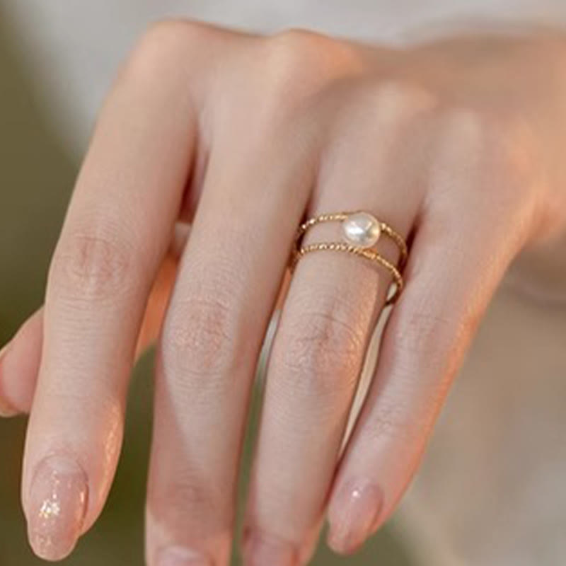 Round Jade Pearl Bead Double Layer Copper Luck Adjustable Ring