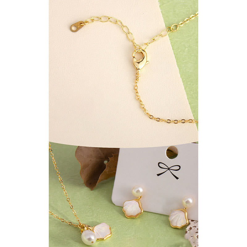 Ginkgo Tridacna Stone Pearl Bead Copper Blessing Necklace Pendant Ring Earrings Set