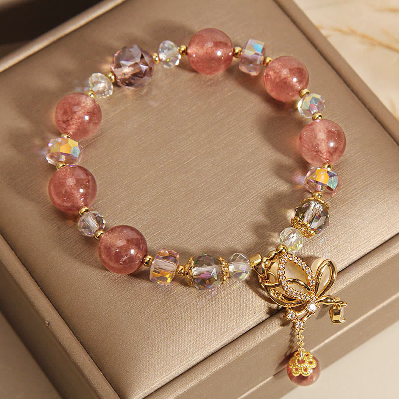 Natural Strawberry Quartz Healing Positive Butterfly Charm Bracelet