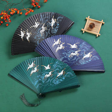 Vintage Cloud Crane Maple Leaf Pattern Handheld Bamboo Folding Fan