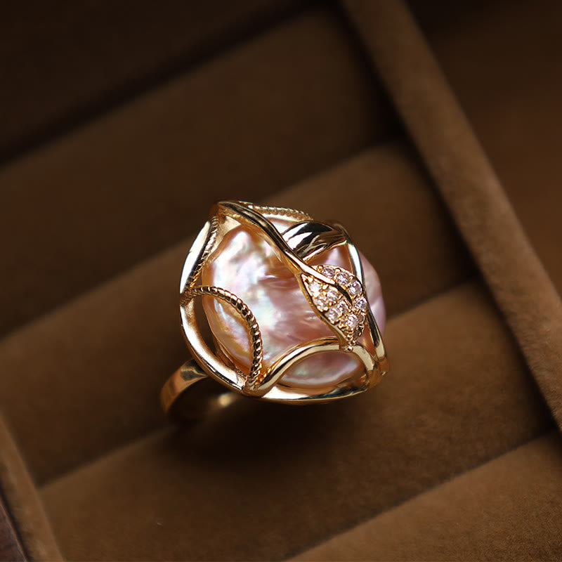 Pearl Copper Plated Gold Flower Happiness Wealth Ring