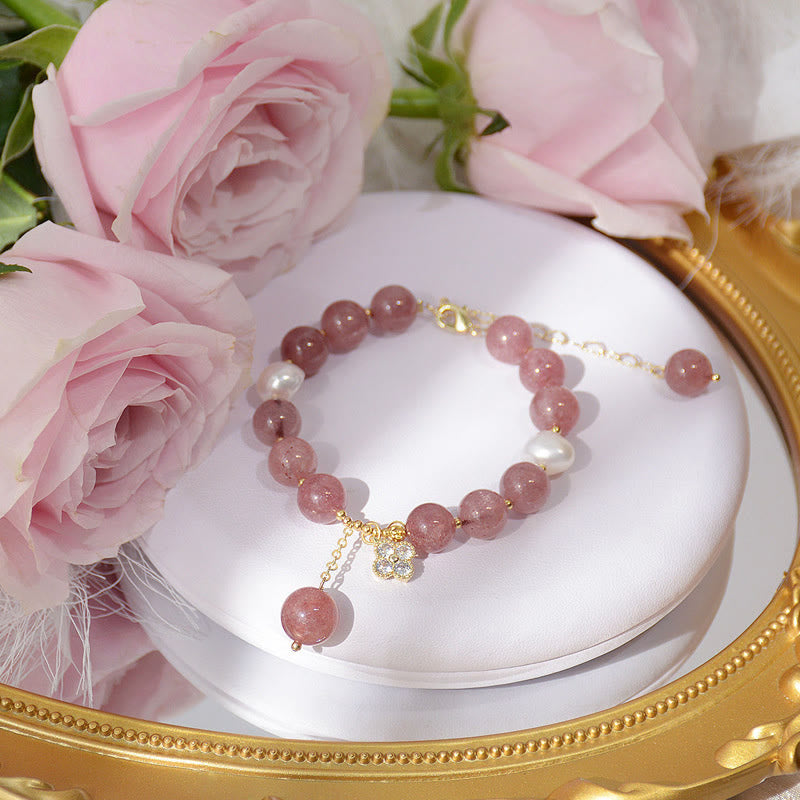 Natural Strawberry Quartz and Pearl Four-Leaf Clover Charm Bracelet