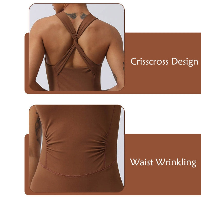 Women Workout Crisscross Sleeveless Flare Jumpsuit Sports Fitness Yoga Bodysuit