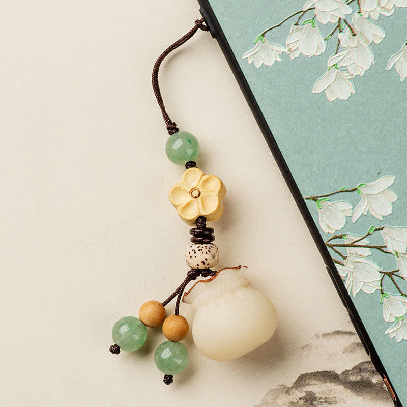 Handmade Bodhi Seed, Aventurine & Boxwood Money Bag Botanical Keychain